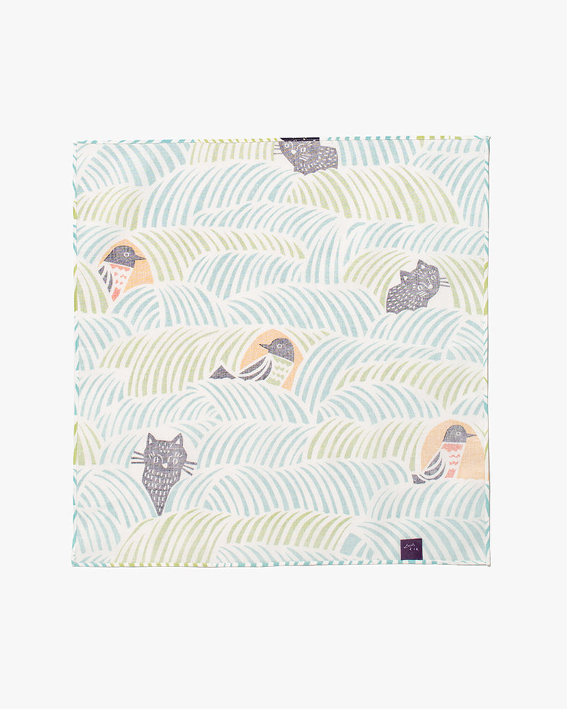 Modern Furoshiki, Musubi, Kata Kata, Cats & Birds, Green 17.5" x 17.5"