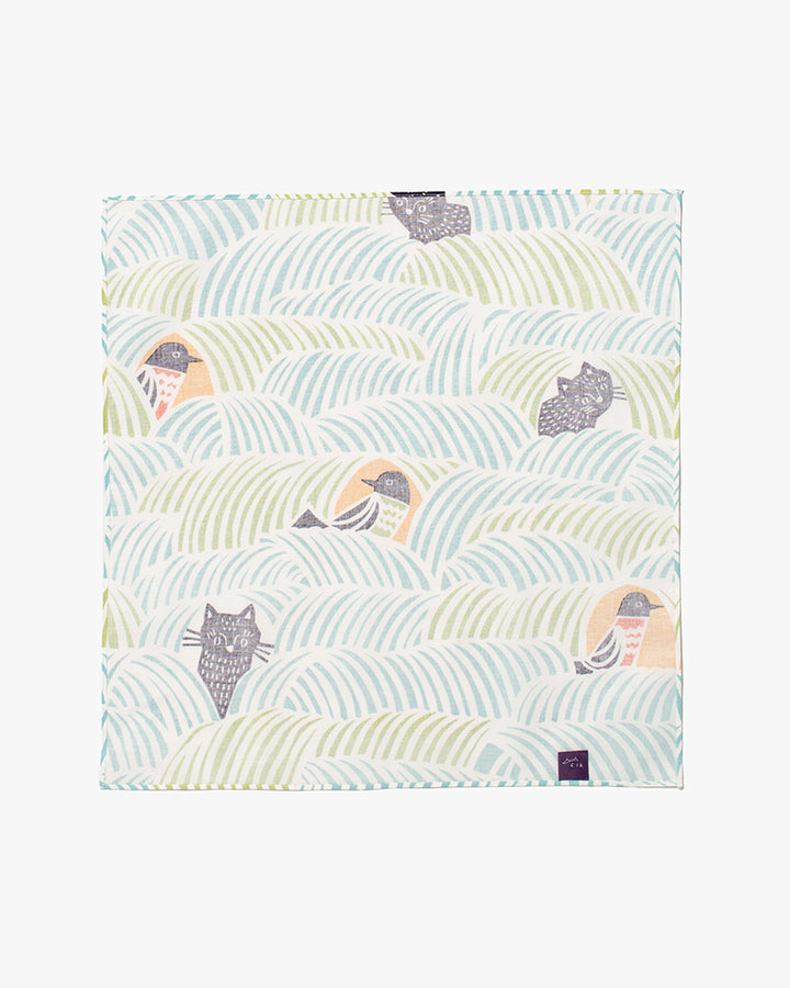 Modern Furoshiki, Musubi, Kata Kata, Cats &amp; Birds, Green 17.5" x 17.5"