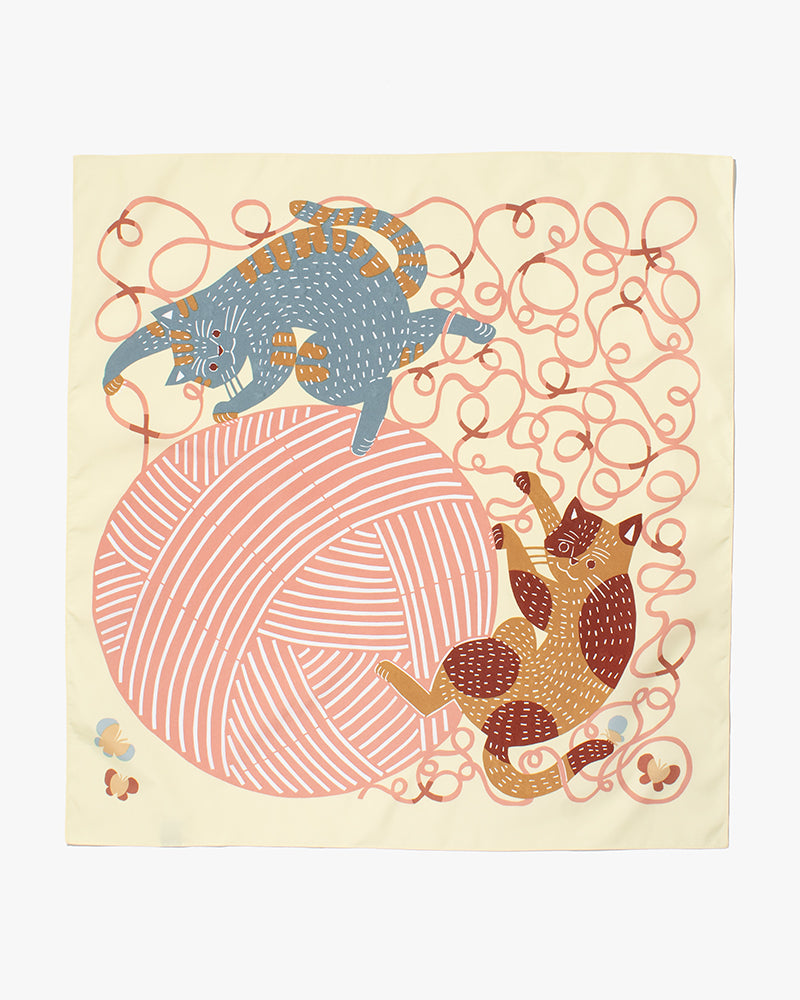 Modern Furoshiki, Musubi, Aqua Drop, Water Repellent, Kata Kata, Cat &amp; Yarn, Yellow 27.5" x 27.5"