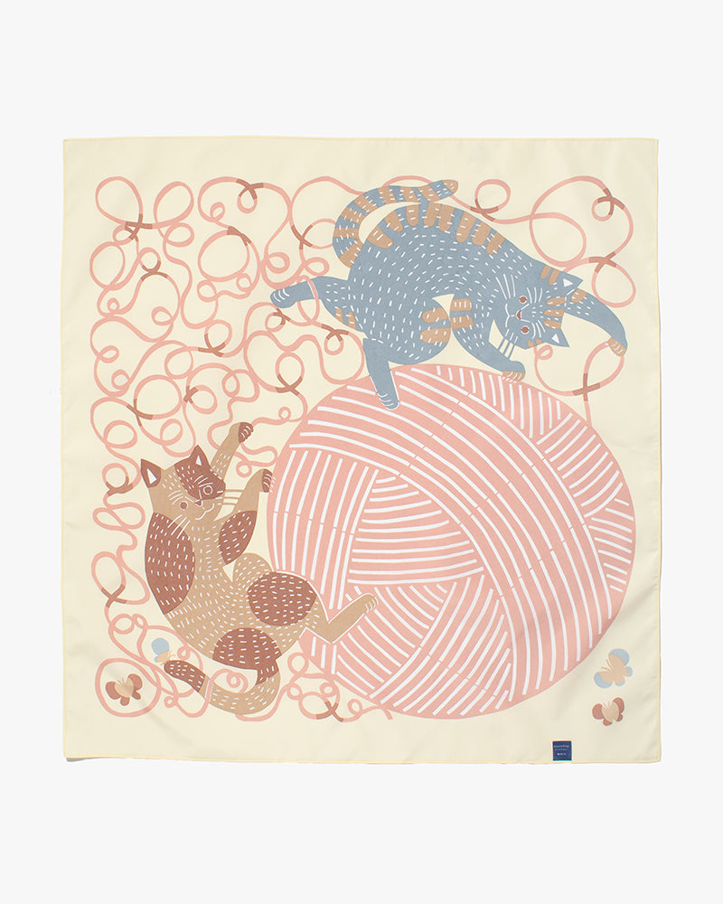 Modern Furoshiki, Musubi, Aqua Drop, Water Repellent, Kata Kata, Cat &amp; Yarn, Yellow 27.5" x 27.5"