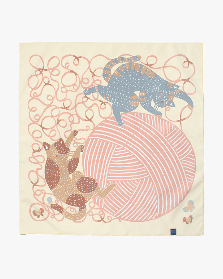 Modern Furoshiki, Musubi, Aqua Drop, Water Repellent, Kata Kata, Cat &amp; Yarn, Yellow 27.5" x 27.5"
