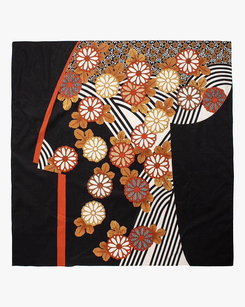 Modern Furoshiki, Musubi, Setsugekka, Chrysanthemum on Flowing Water, Black 47.25" x 47.25"
