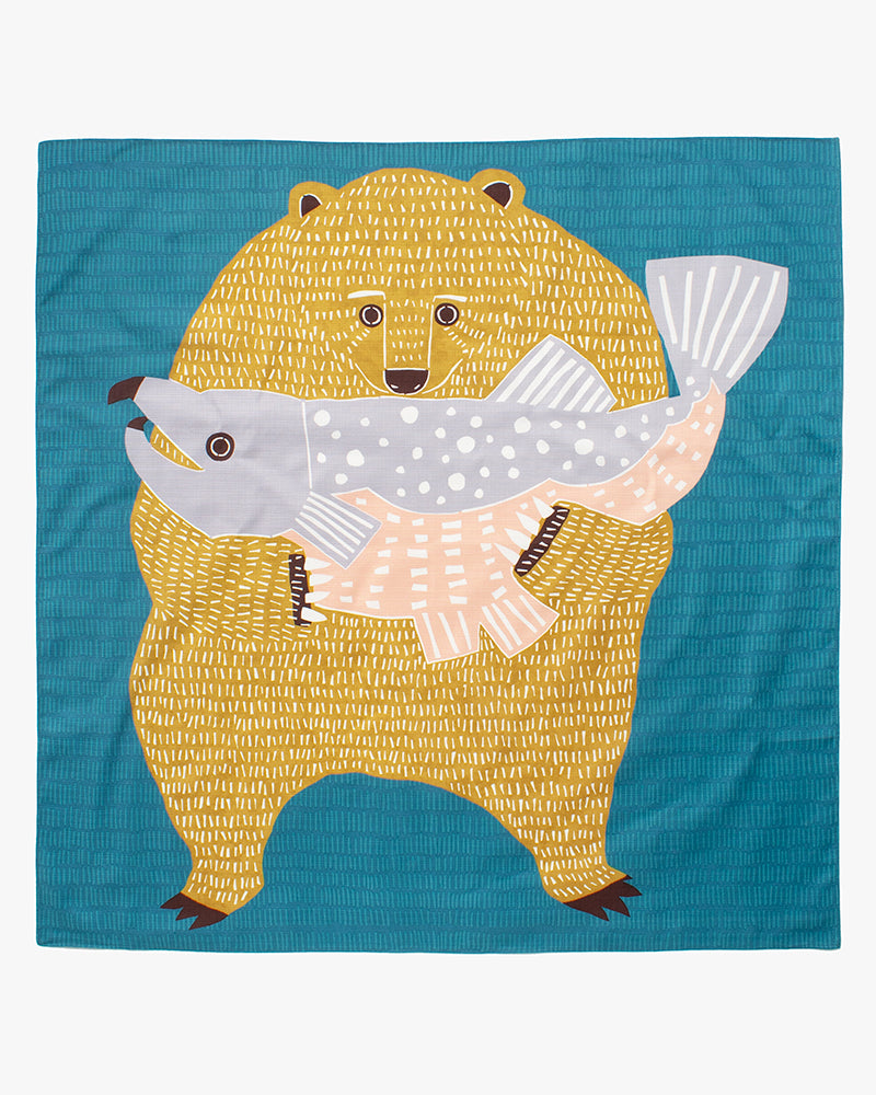 Modern Furoshiki, Musubi, Kata Kata, Bear & Salmon, Blue  40" x 40"