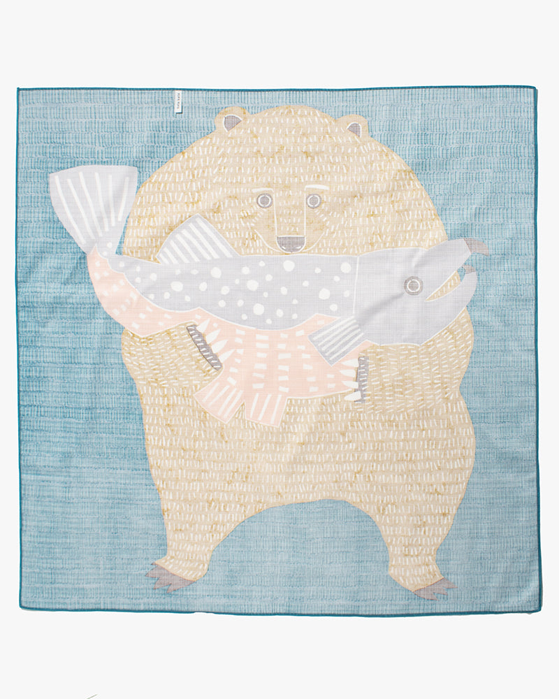 Modern Furoshiki, Musubi, Kata Kata, Bear & Salmon, Blue  40" x 40"