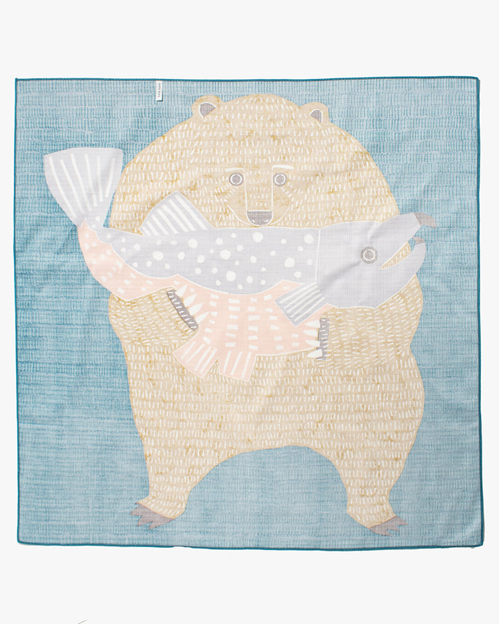 Modern Furoshiki, Musubi, Kata Kata, Bear &amp; Salmon, Blue  40" x 40"