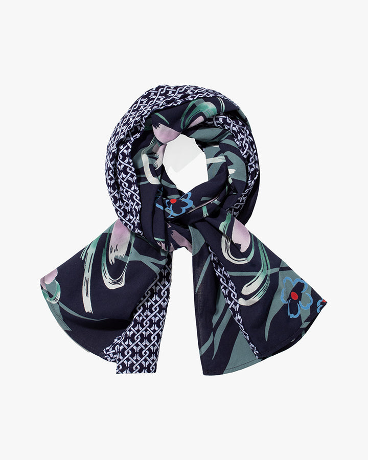 Kiriko Original Scarf, Split Yukata, Wide, Navy Shima and Purple Flowers