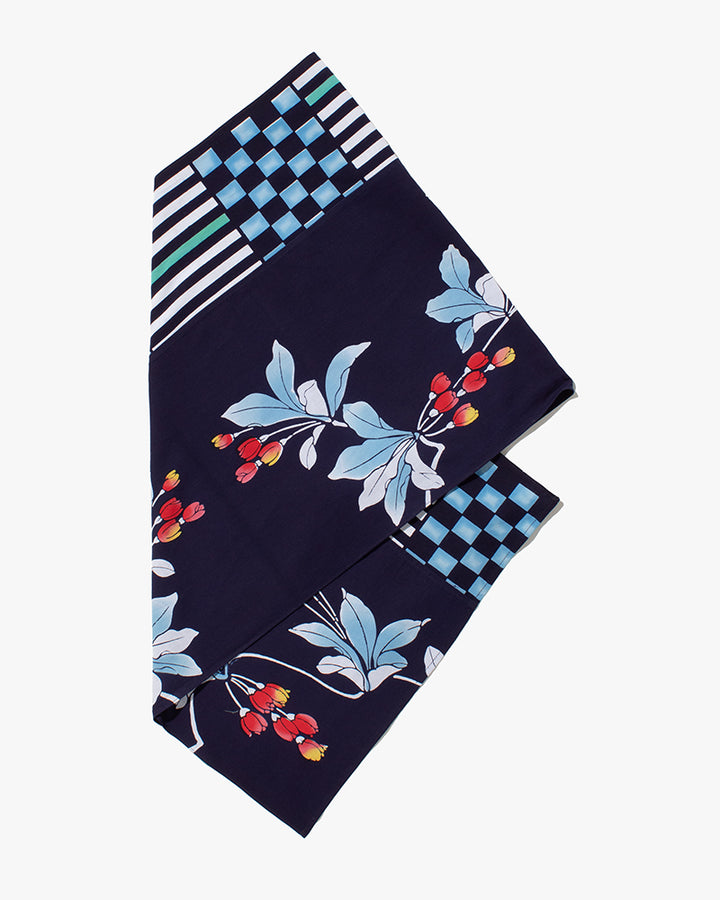Kiriko Original Scarf, Split Yukata, Wide, Navy with Multicolor Ichimatsu, Take, and Flowers