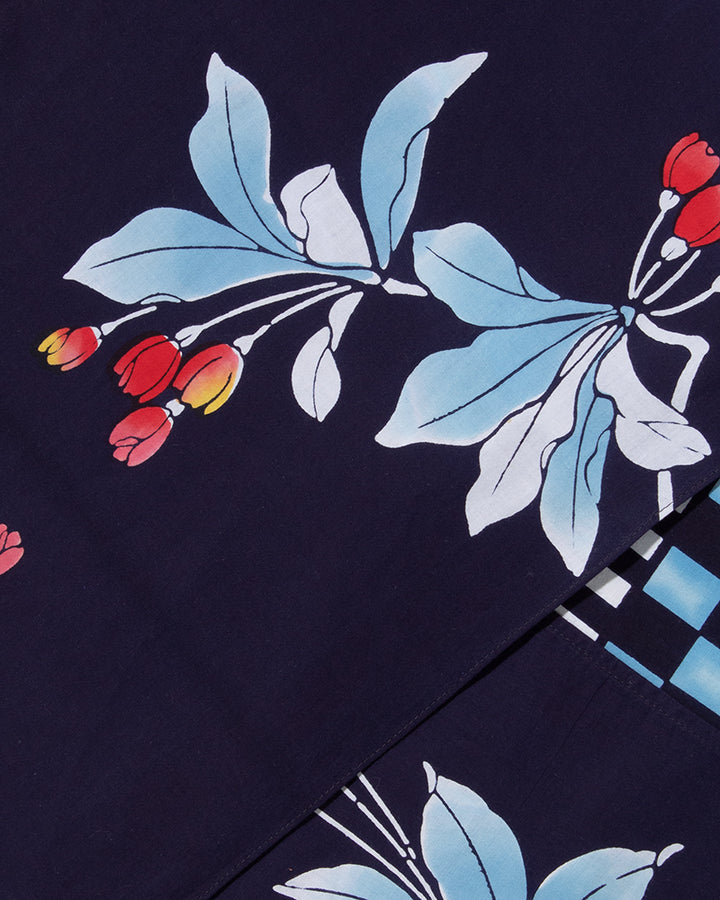 Kiriko Original Scarf, Split Yukata, Wide, Navy with Multicolor Ichimatsu, Take, and Flowers