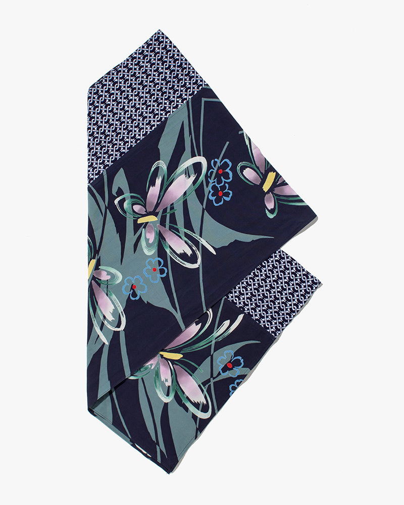 Kiriko Original Scarf, Split Yukata, Wide, Navy Shima and Purple Flowers