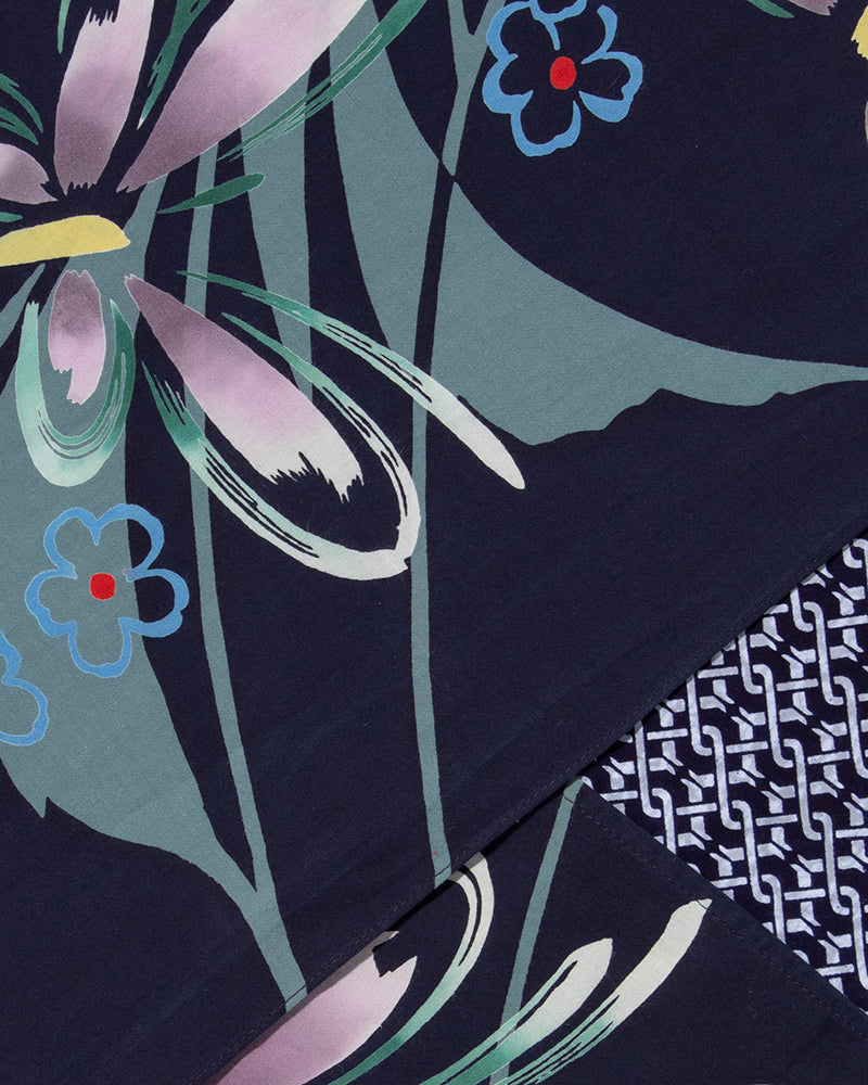 Kiriko Original Scarf, Split Yukata, Wide, Navy Shima and Purple Flowers