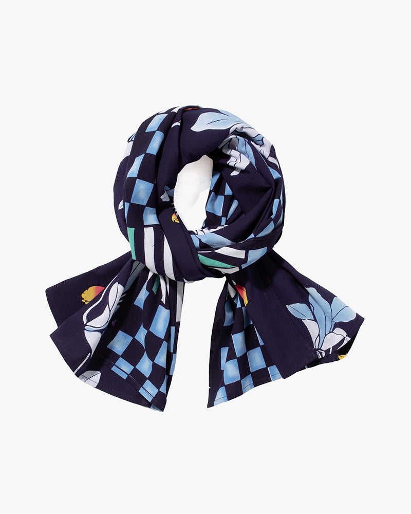 Kiriko Original Scarf, Split Yukata, Wide, Navy with Multicolor Ichimatsu, Take, and Flowers