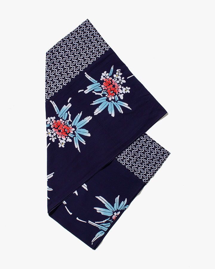 Kiriko Original Scarf, Split Yukata, Wide, Navy with Shima and Red Hydrangeas