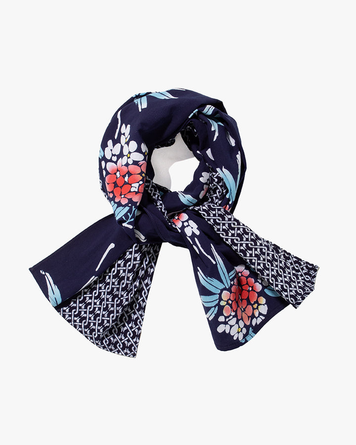 Kiriko Original Scarf, Split Yukata, Wide, Navy with Shima and Red Hydrangeas