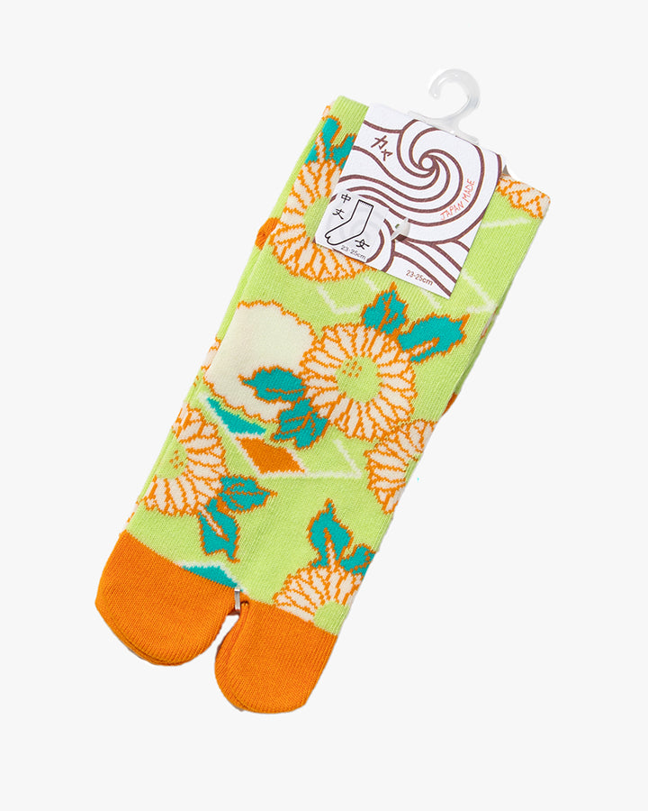 Wa Modern, Tabi Socks, Crew, Green with White, Blue and Orange Flowers
