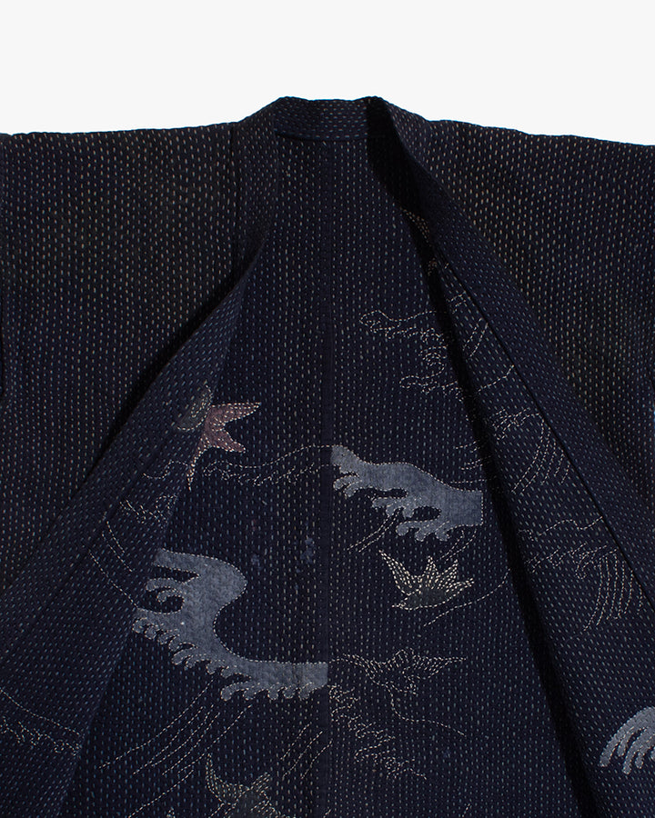 Vintage Noragi Jacket, Hand-Stitched Sashiko and Painted Eagle and Samurai