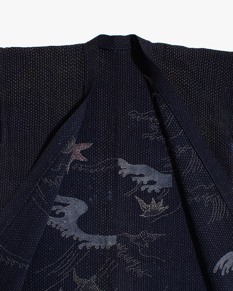 Vintage Noragi Jacket, Hand-Stitched Sashiko and Painted Eagle and Samurai