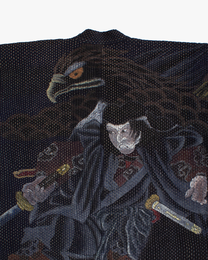 Vintage Noragi Jacket, Hand-Stitched Sashiko and Painted Eagle and Samurai