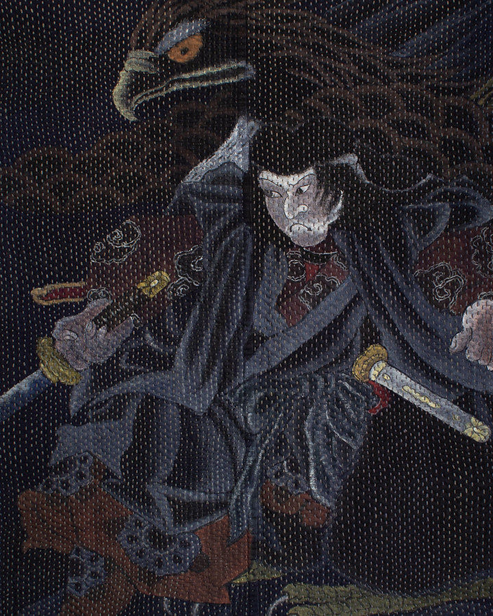 Vintage Noragi Jacket, Hand-Stitched Sashiko and Painted Eagle and Samurai