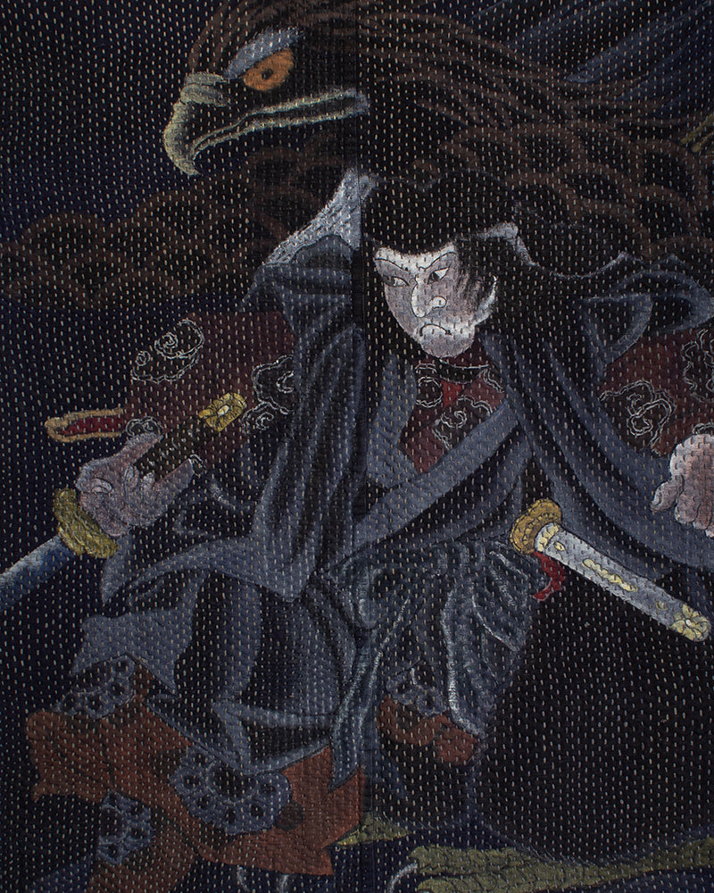 Vintage Noragi Jacket, Hand-Stitched Sashiko and Painted Eagle and Samurai
