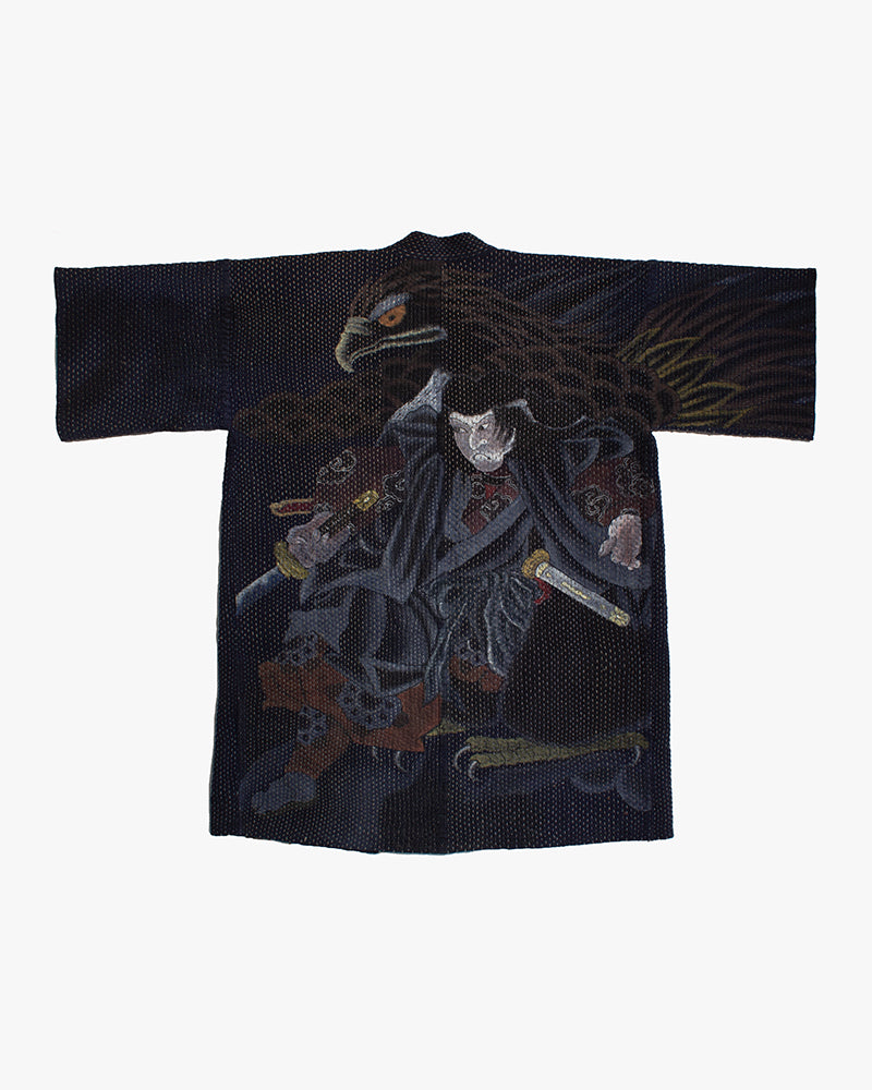 Vintage Noragi Jacket, Hand-Stitched Sashiko and Painted Eagle and Samurai