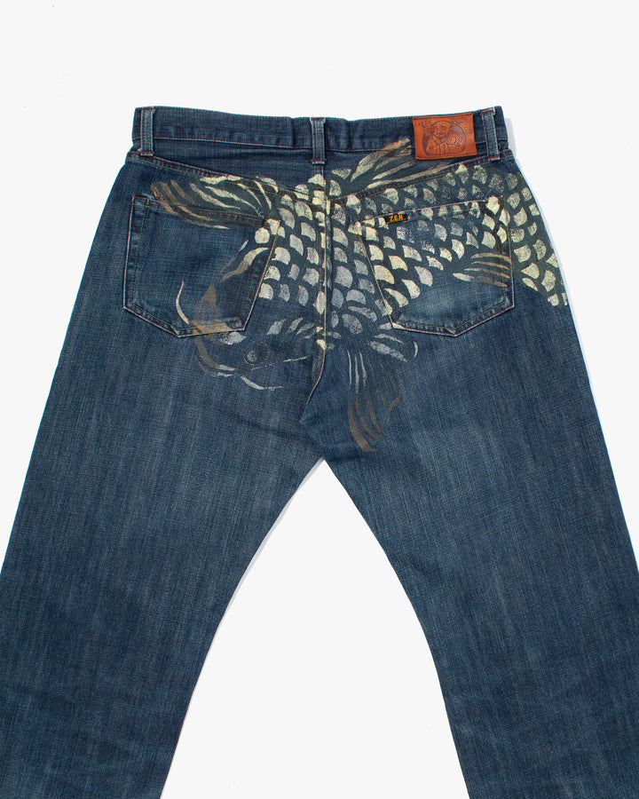 Japanese Repro Denim Jeans, Zen Denim, Painted Koi - 34