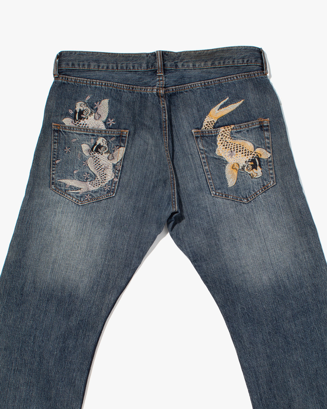 Japanese Repro Denim Jeans, Ann Do, Embroidered Koi and Floral Lining - 38"