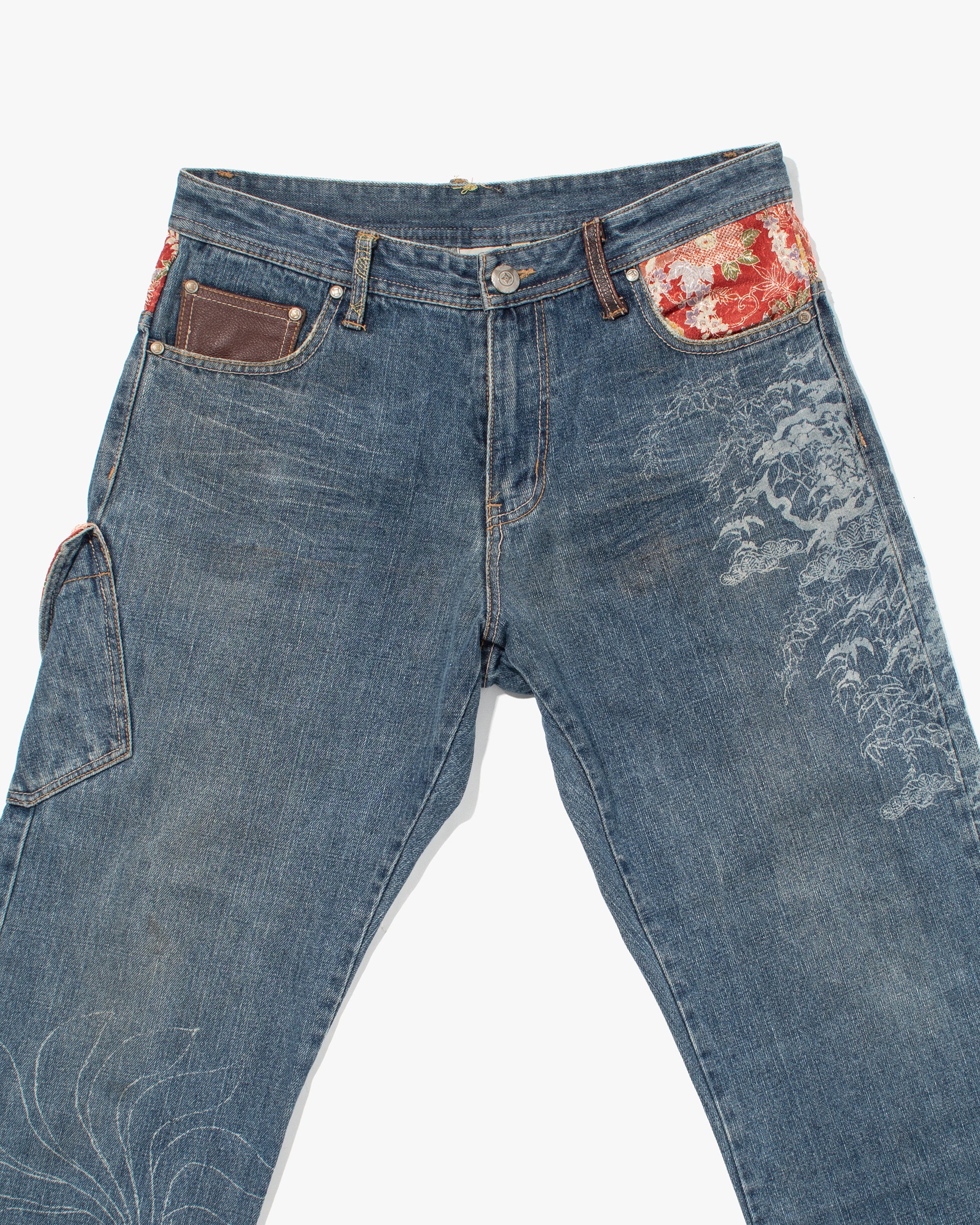 Jin様＊kyo＊Jiji＊Handmadeオーダー Japanese Repro Denim Jeans, Gumu, Floral Lining with Leather
