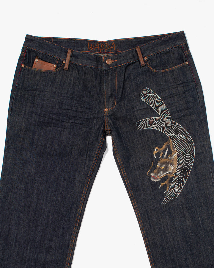 Japanese Repro Denim Jeans, Kyoto Wappa, Bronze Painted Dragon - 42"