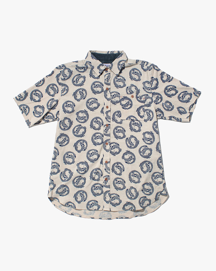 Kiriko Original Button-Up Shirt, Short Sleeve, Cream Dragon