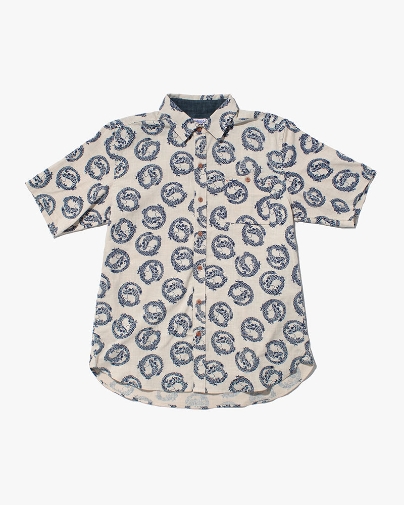 Kiriko Original Button-Up Shirt, Short Sleeve, Cream Dragon