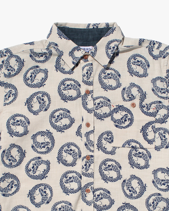 Kiriko Original Button-Up Shirt, Short Sleeve, Cream Dragon