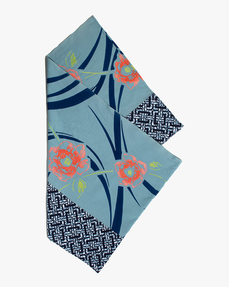 Kiriko Original Scarf, Split Yukata, Wide, Faded Teal with Pink and Green Abstract Flowers