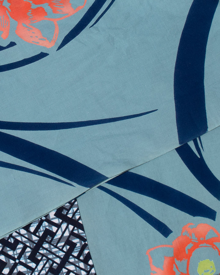 Kiriko Original Scarf, Split Yukata, Wide, Faded Teal with Pink and Green Abstract Flowers