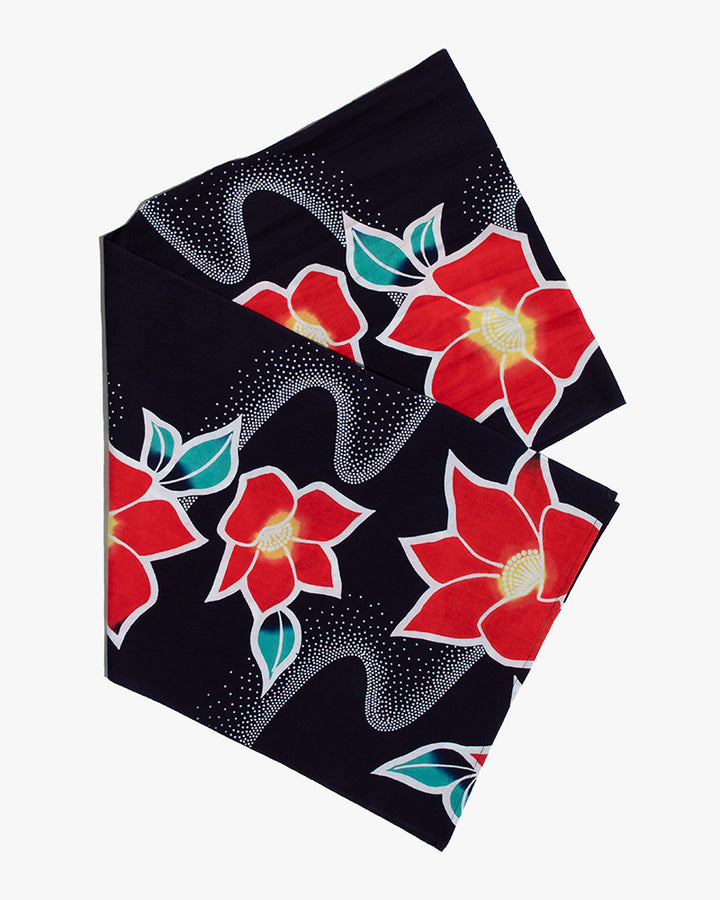 Kiriko Original Scarf, Yukata, Dark Navy with Red Hydrangeas and Dotted Waves