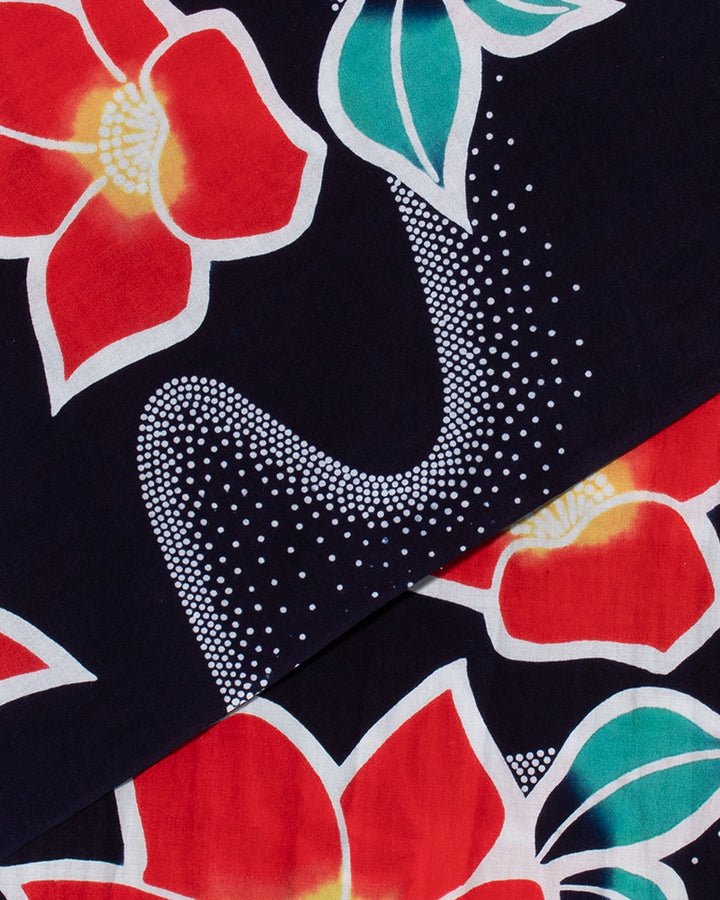 Kiriko Original Scarf, Yukata, Dark Navy with Red Hydrangeas and Dotted Waves