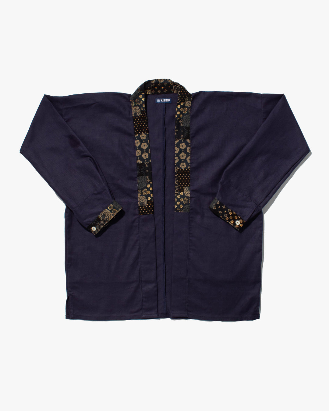 Kiriko Original Jacket, Modern Noragi, Indigo and Multi Patchwork, Dark Teal and Gold