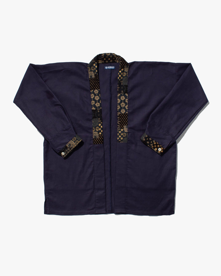Kiriko Original Jacket, Modern Noragi, Indigo and Multi Patchwork, Dark Teal and Gold