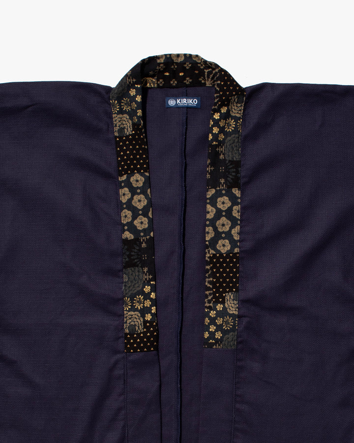 Kiriko Original Jacket, Modern Noragi, Indigo and Multi Patchwork, Dark Teal and Gold
