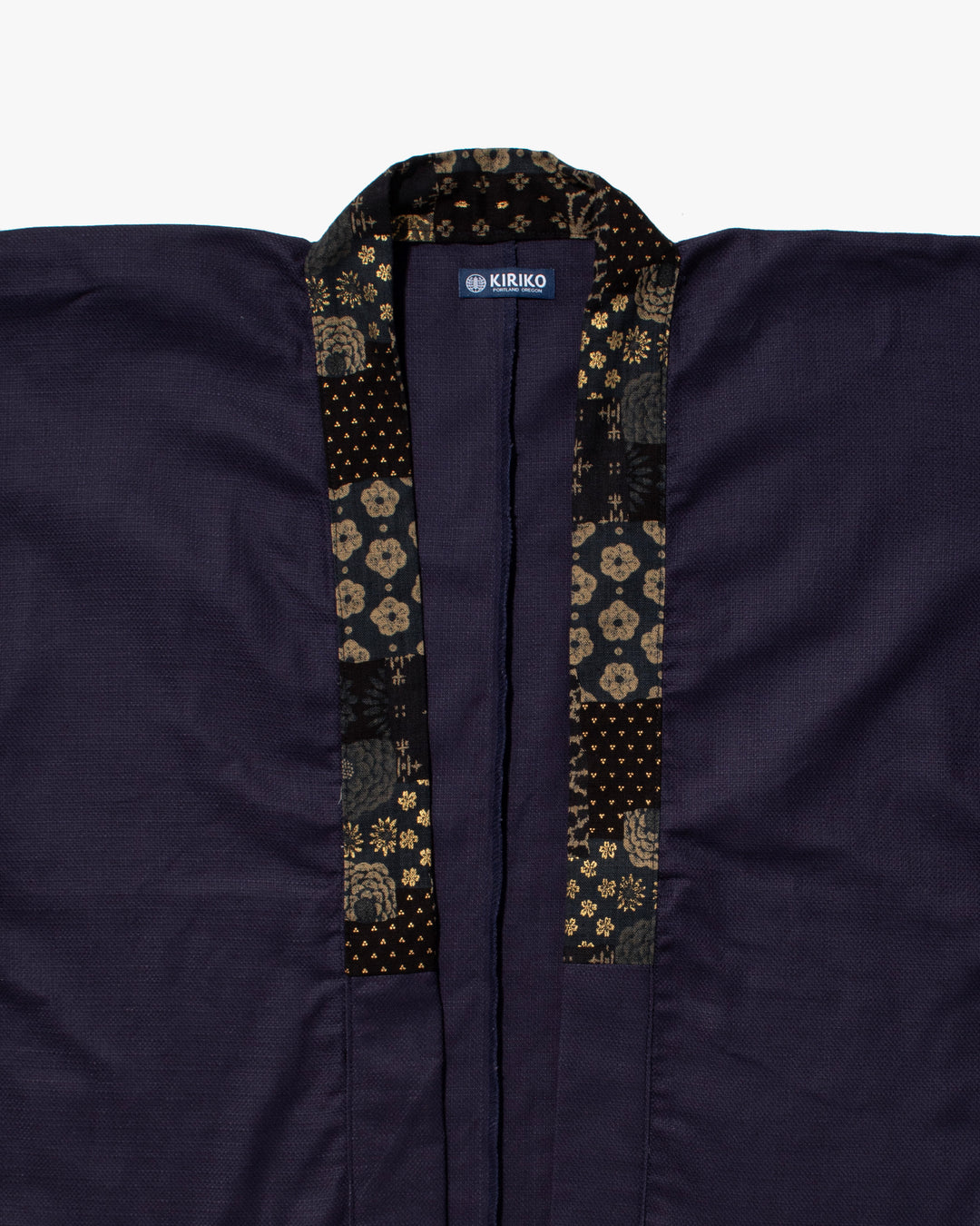 Kiriko Original Jacket, Modern Noragi, Indigo and Multi Patchwork, Dark Teal and Gold