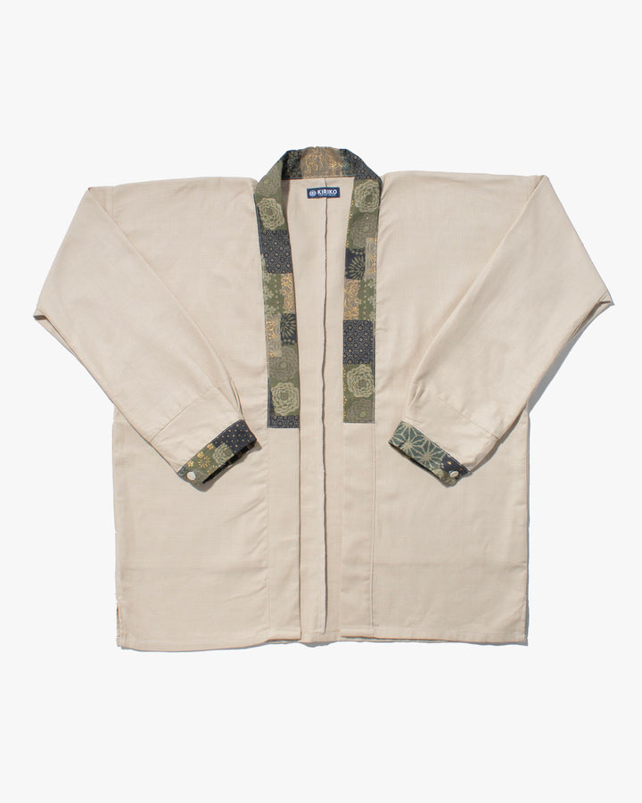 Kiriko Original Jacket, Modern Noragi, Cream and Multi Patchwork, Sage and Gold