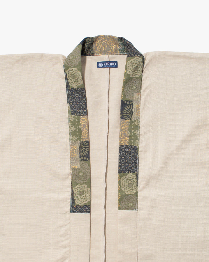 Kiriko Original Jacket, Modern Noragi, Cream and Multi Patchwork, Sage and Gold