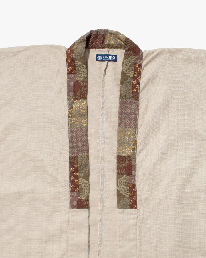 Kiriko Original Jacket, Modern Noragi, Cream and Multi Patchwork, Azuki and Gold