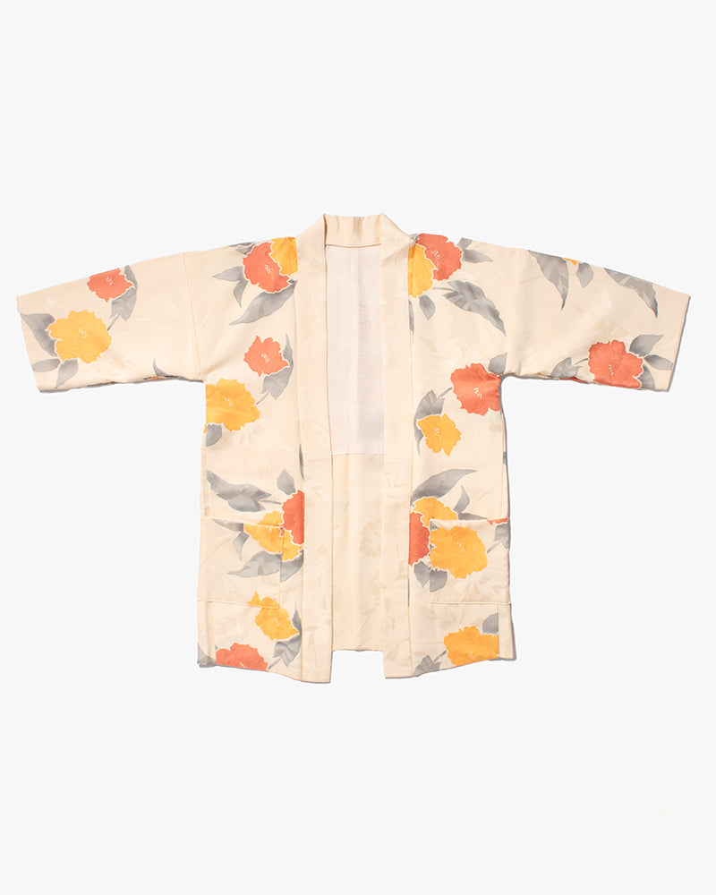 Kiriko Custom, Altered Kimono Jacket, Orange Flowers with Gray Leaves