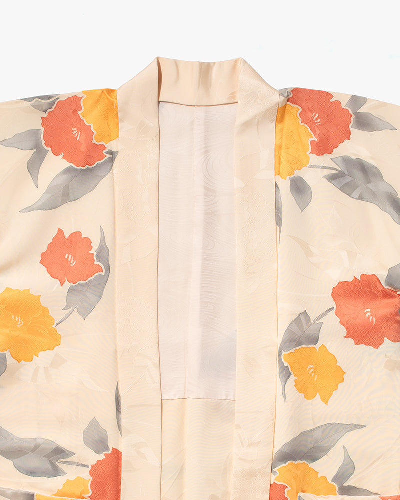 Kiriko Custom, Altered Kimono Jacket, Orange Flowers with Gray Leaves