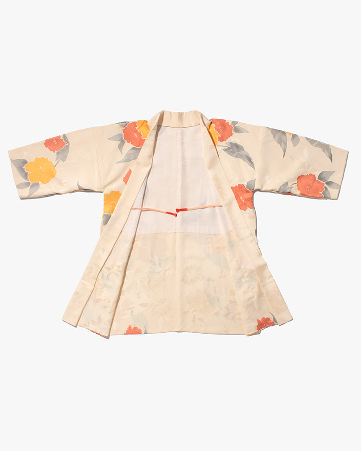 Kiriko Custom, Altered Kimono Jacket, Orange Flowers with Gray Leaves