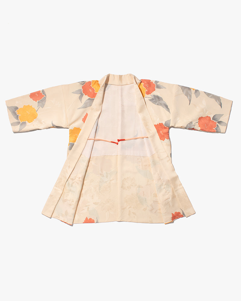 Kiriko Custom, Altered Kimono Jacket, Orange Flowers with Gray Leaves