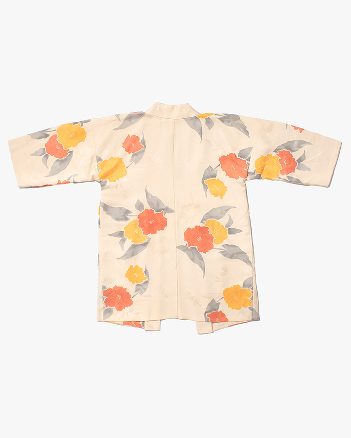 Kiriko Custom, Altered Kimono Jacket, Orange Flowers with Gray Leaves