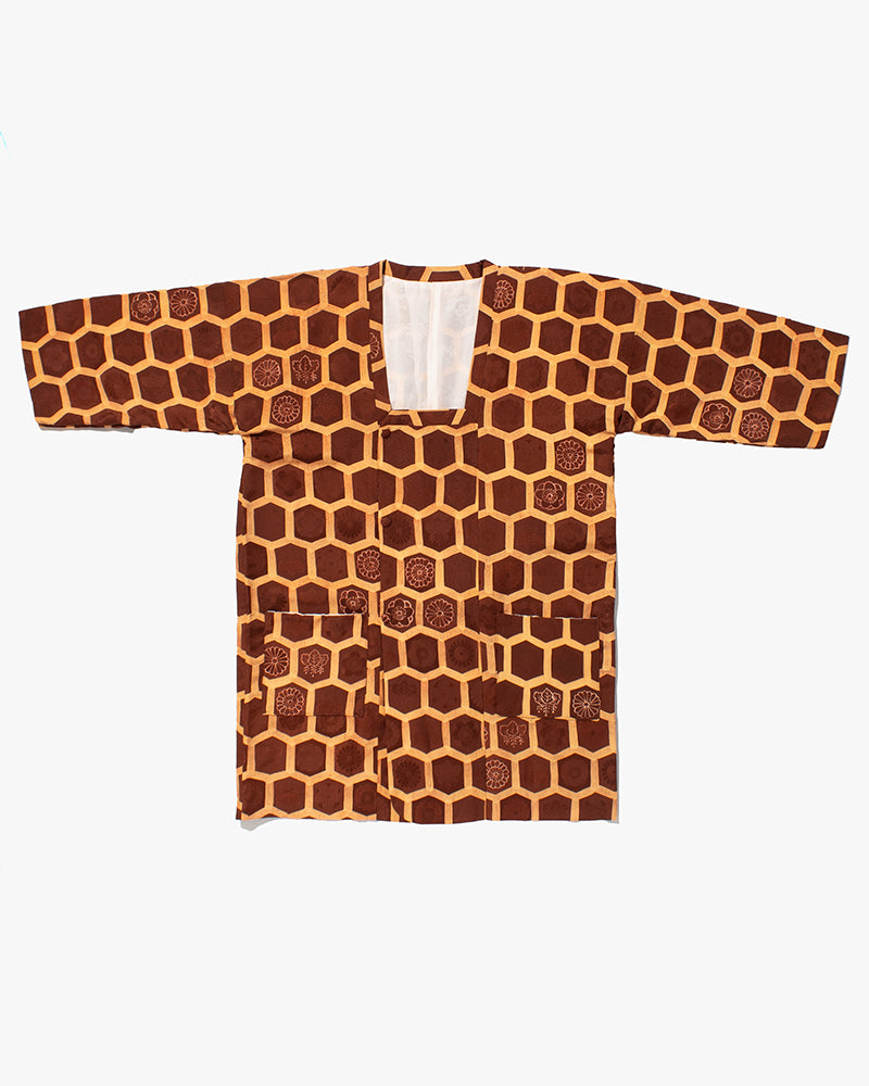 Kiriko Custom, Altered Kimono Jacket, Brown Honeycomb Pattern with Flowers