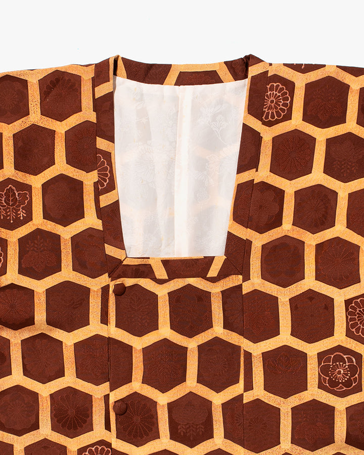 Kiriko Custom, Altered Kimono Jacket, Brown Honeycomb Pattern with Flowers
