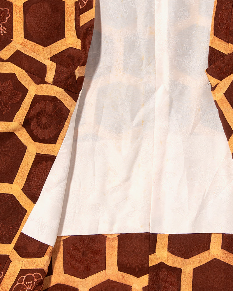 Kiriko Custom, Altered Kimono Jacket, Brown Honeycomb Pattern with Flowers